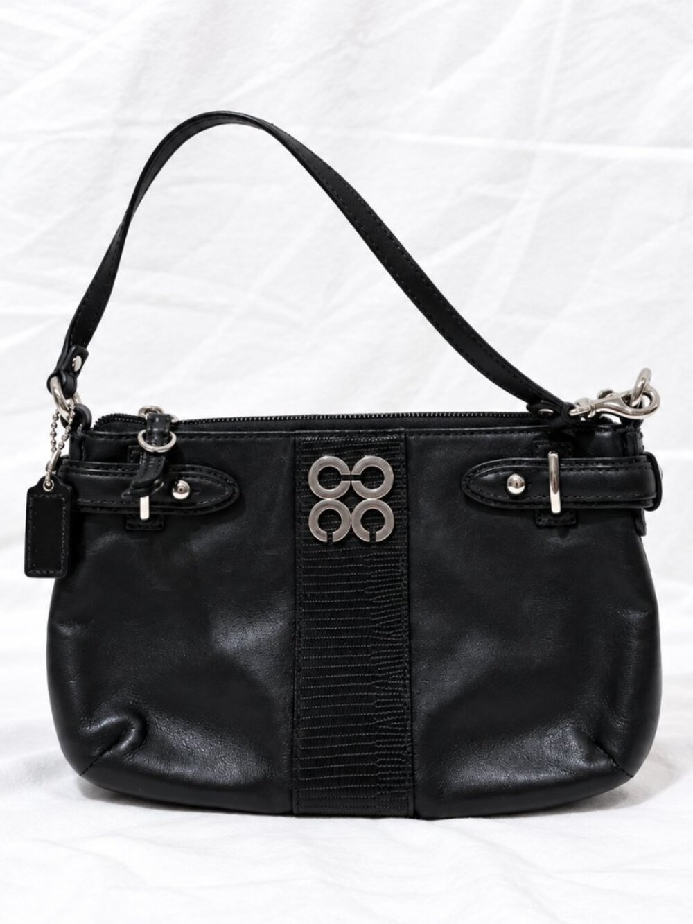 Coach Black Leather Wristlet Silver CC Logo Lizard Embossed Stripe